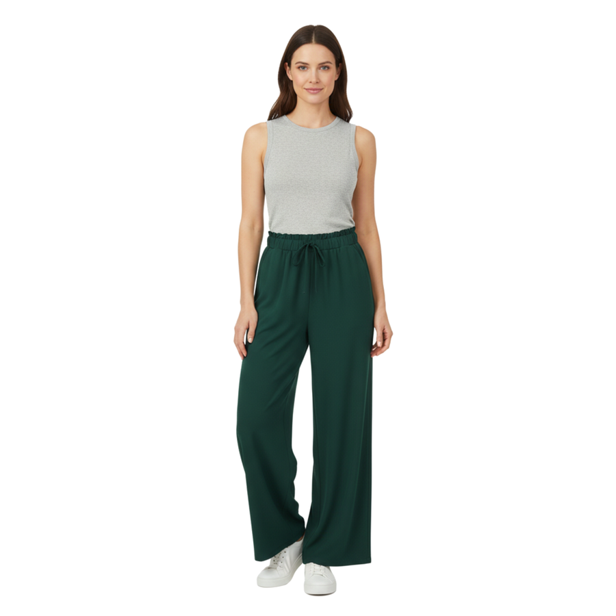 Pantalon Décontracté à Jambes Larges pour Femme avec Taille Élastique et Ceinture Décorative