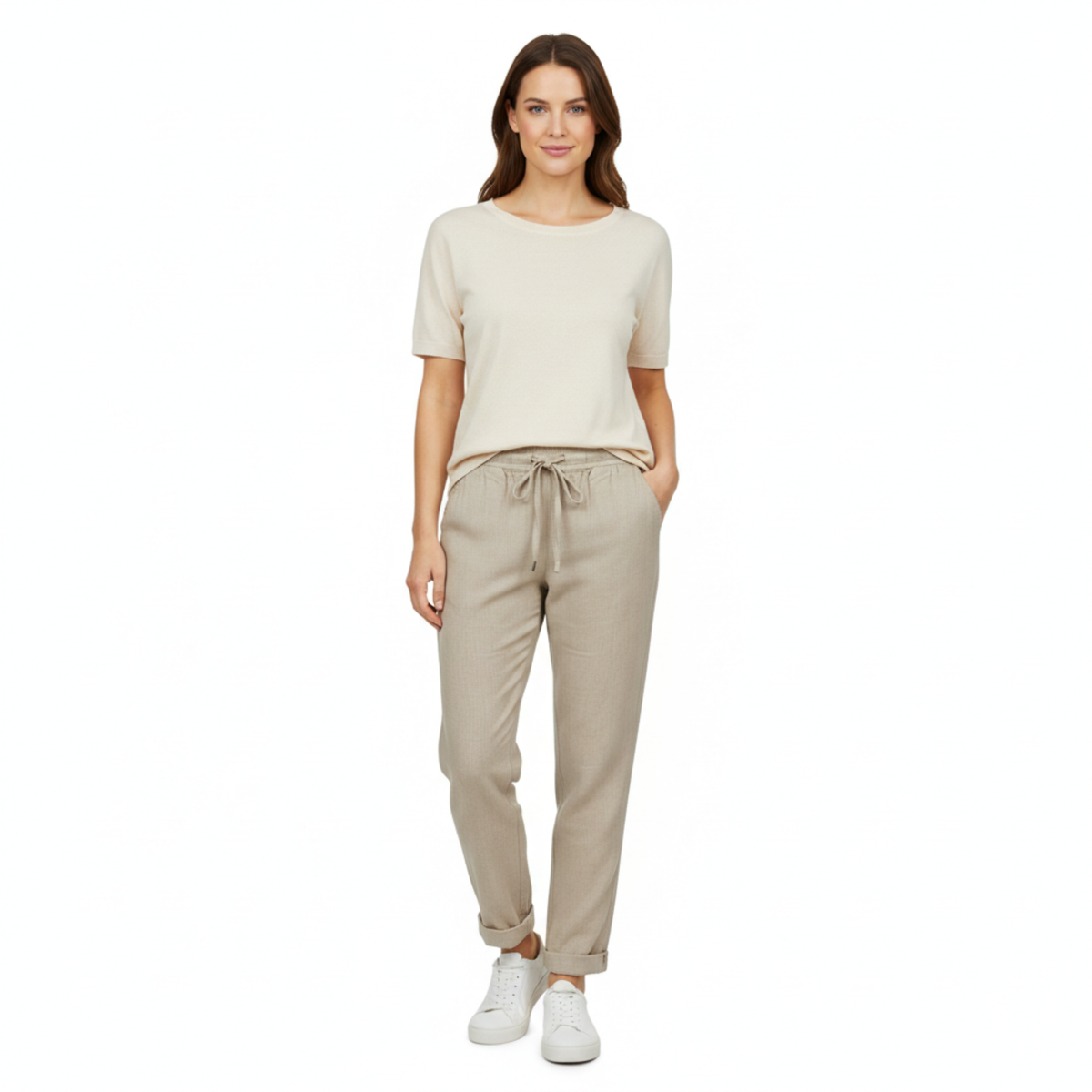 Pantalon Femme en Mélange de Coton avec Taille Élastique et Coupe Crayon Ajustée