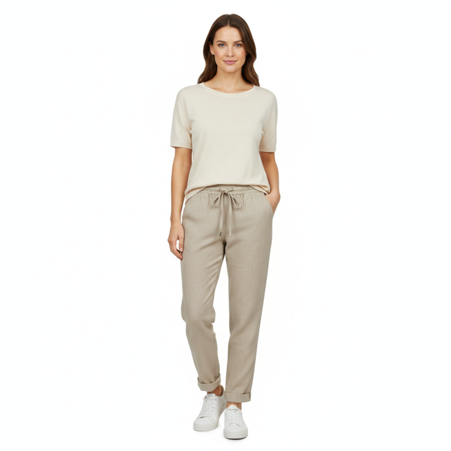 Pantalon Femme en Mélange de Coton avec Taille Élastique et Coupe Crayon Ajustée
