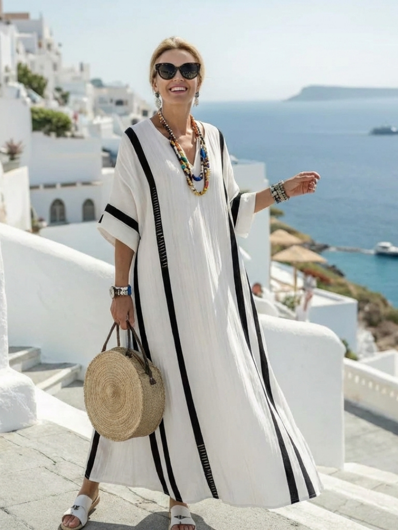 Elvienne | Robe Maxi à Manches Courtes en Color Block Rayé