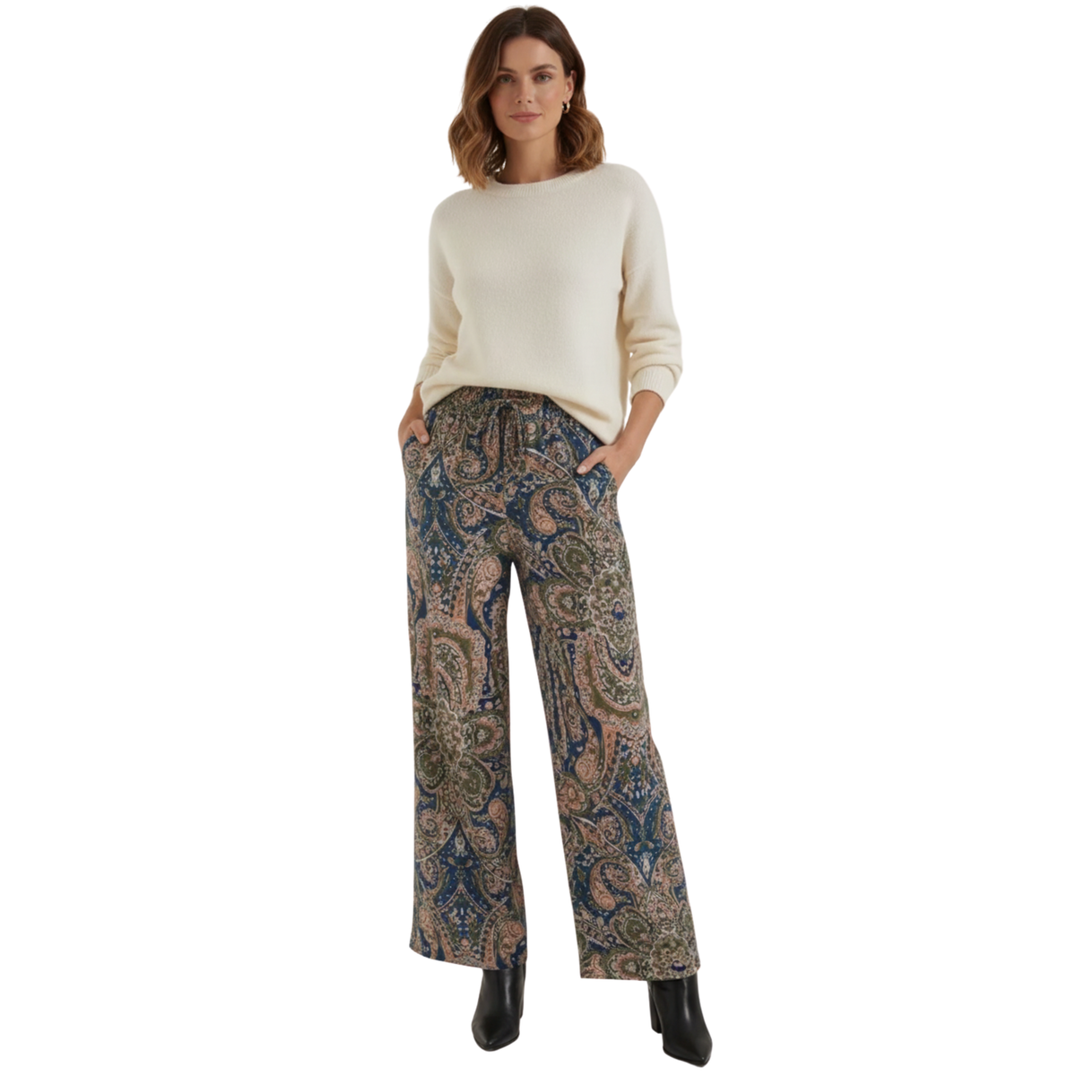 Pantalon Large à Imprimé Cachemire et Taille Haute Élastique pour Femmes