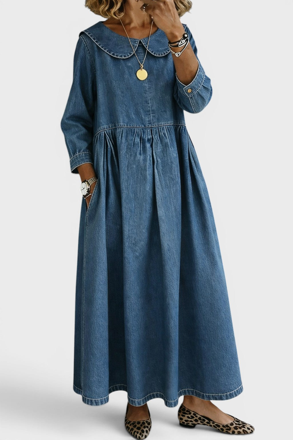 Melissa | Robe en Denim à Col Rond et Manches Longues