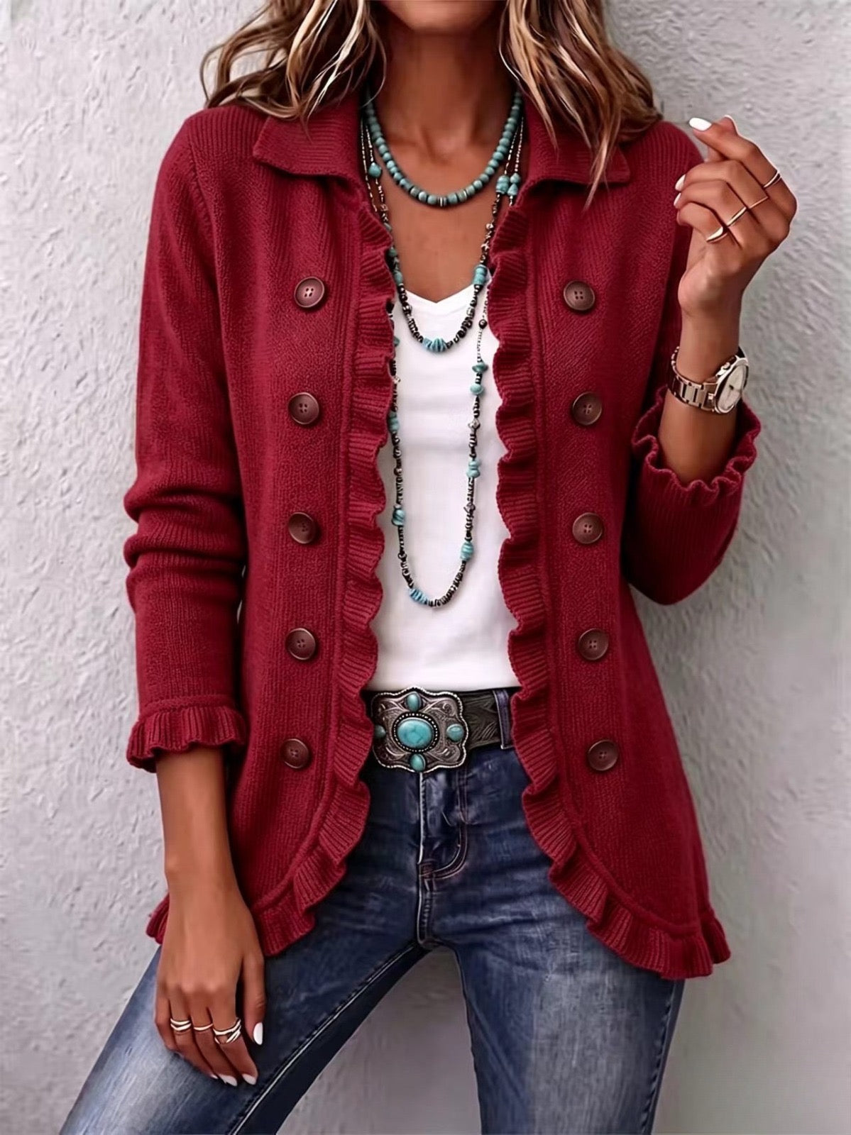 Margot | Veste Côtelée Rouge Rubis à Volants