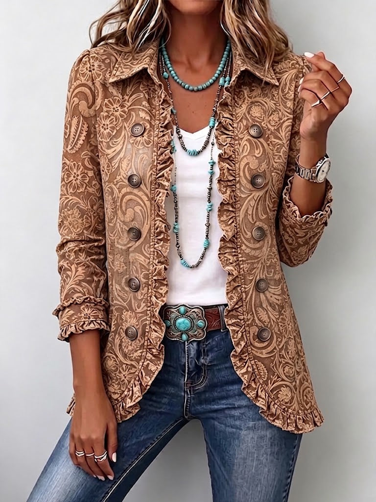 Mélanie | Veste Bohème Fleurie Vintage Marron à Volants