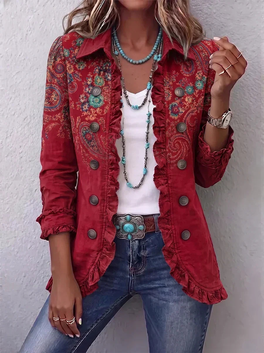 Marion | Veste Bohème Paisley Rouge à Volants