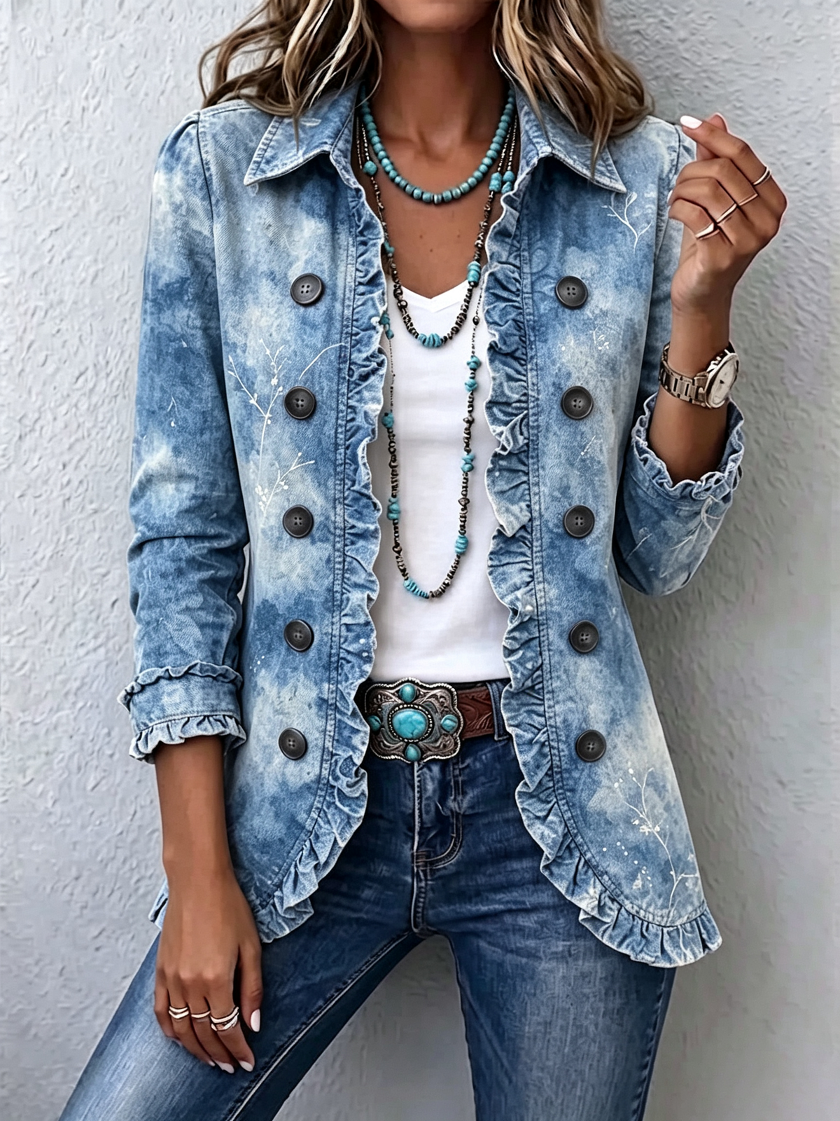 Eugénie | Veste Bohème Botanique Vintage Dégradée Bleue à Volants