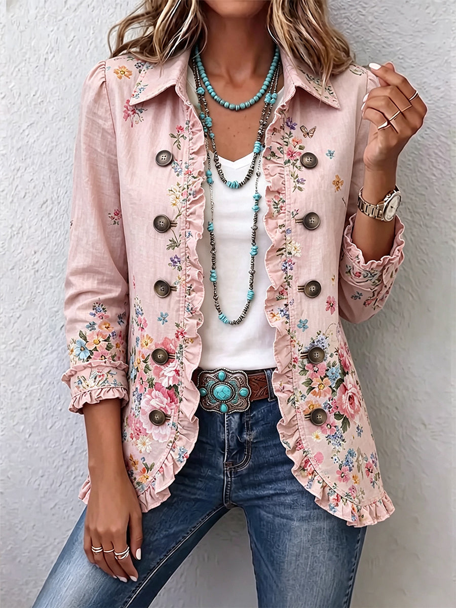 Maud | Veste Fleurie Rose à Volants et Boutons