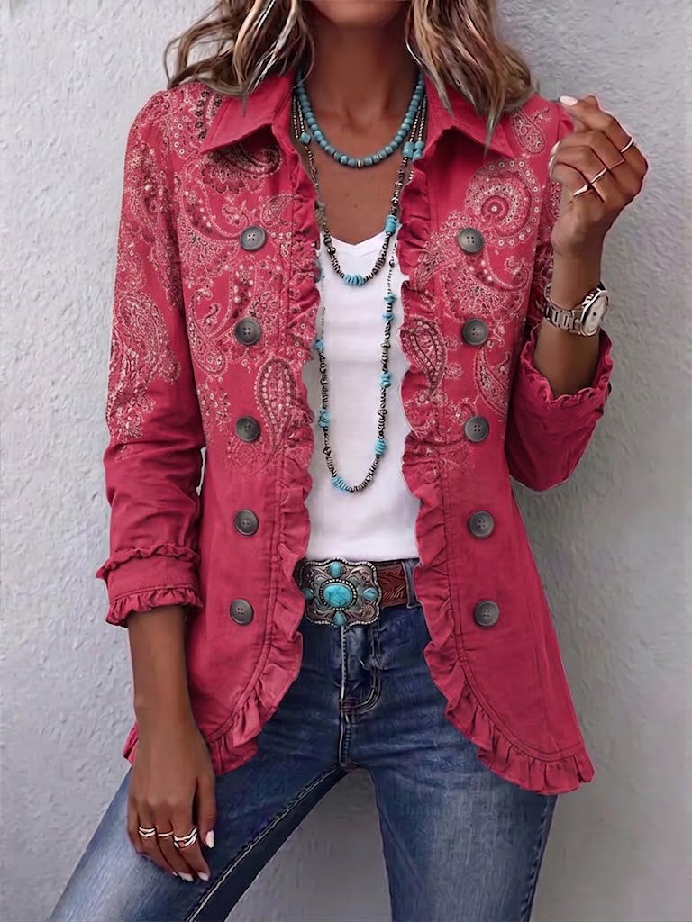 Irène | Veste Paisley Vintage Vieux Rose à Volants