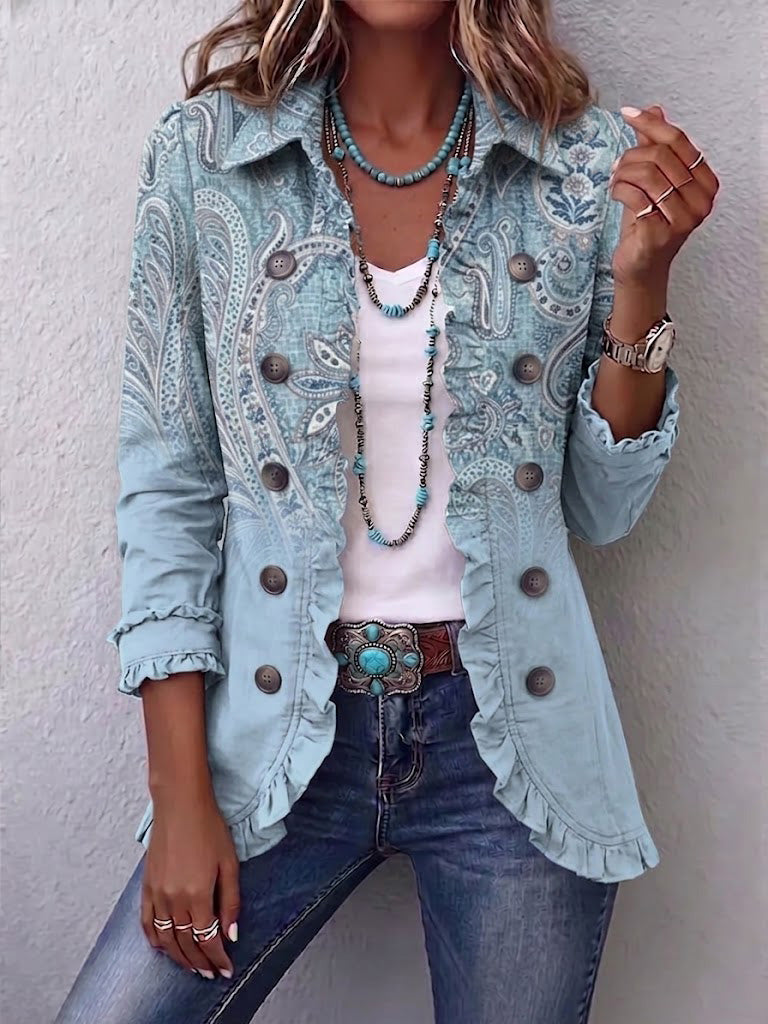 Maëlys | Veste Paisley Vintage Bleu Ciel à Volants